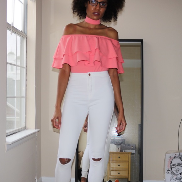 Missguided Tops - Missguided Pink Frill Bardot Chocker Neck Bodysuit